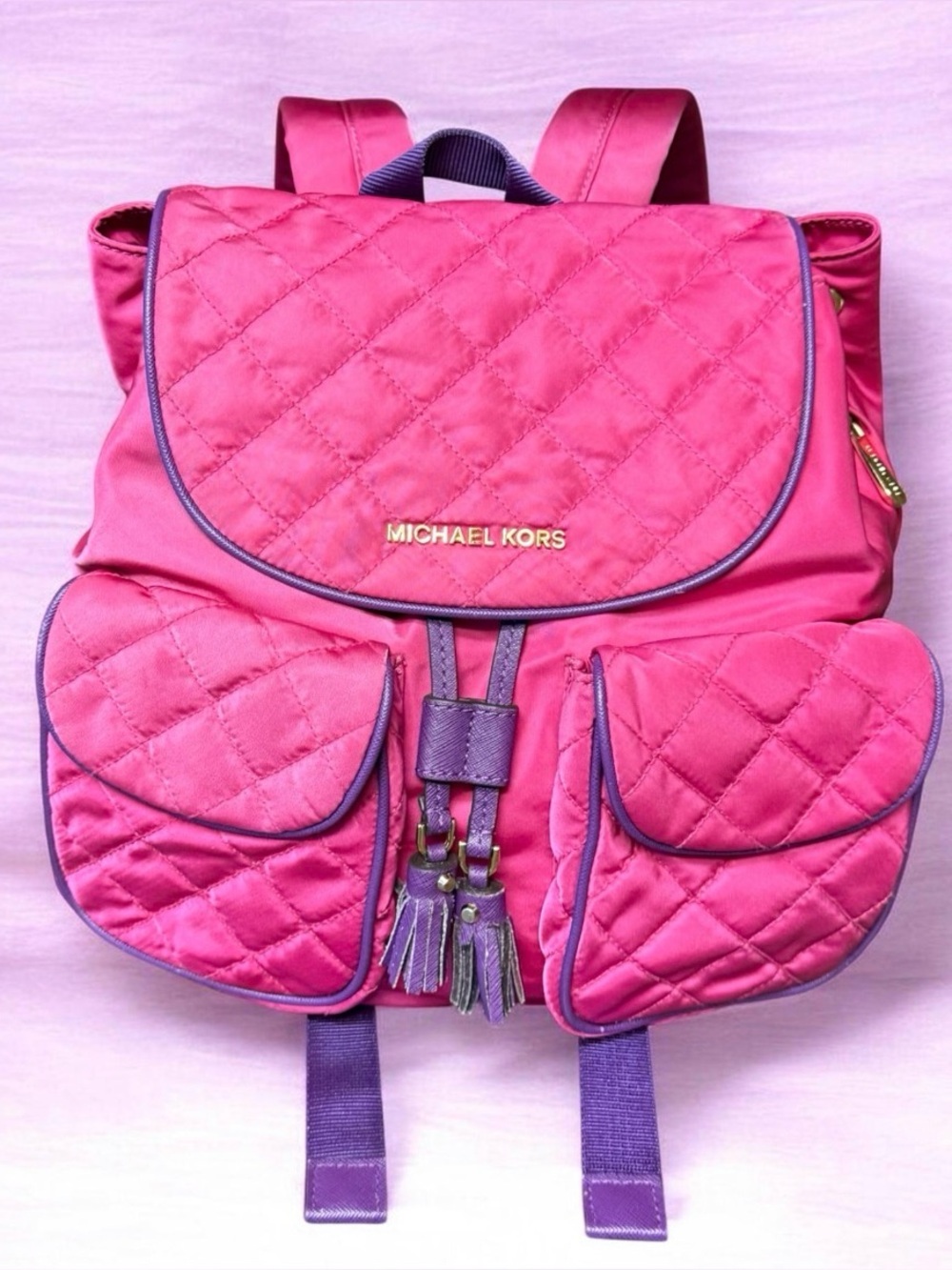 Michael Kors Hot Pink Quilted Backpack with Purple Trim & Tassel Drawstring